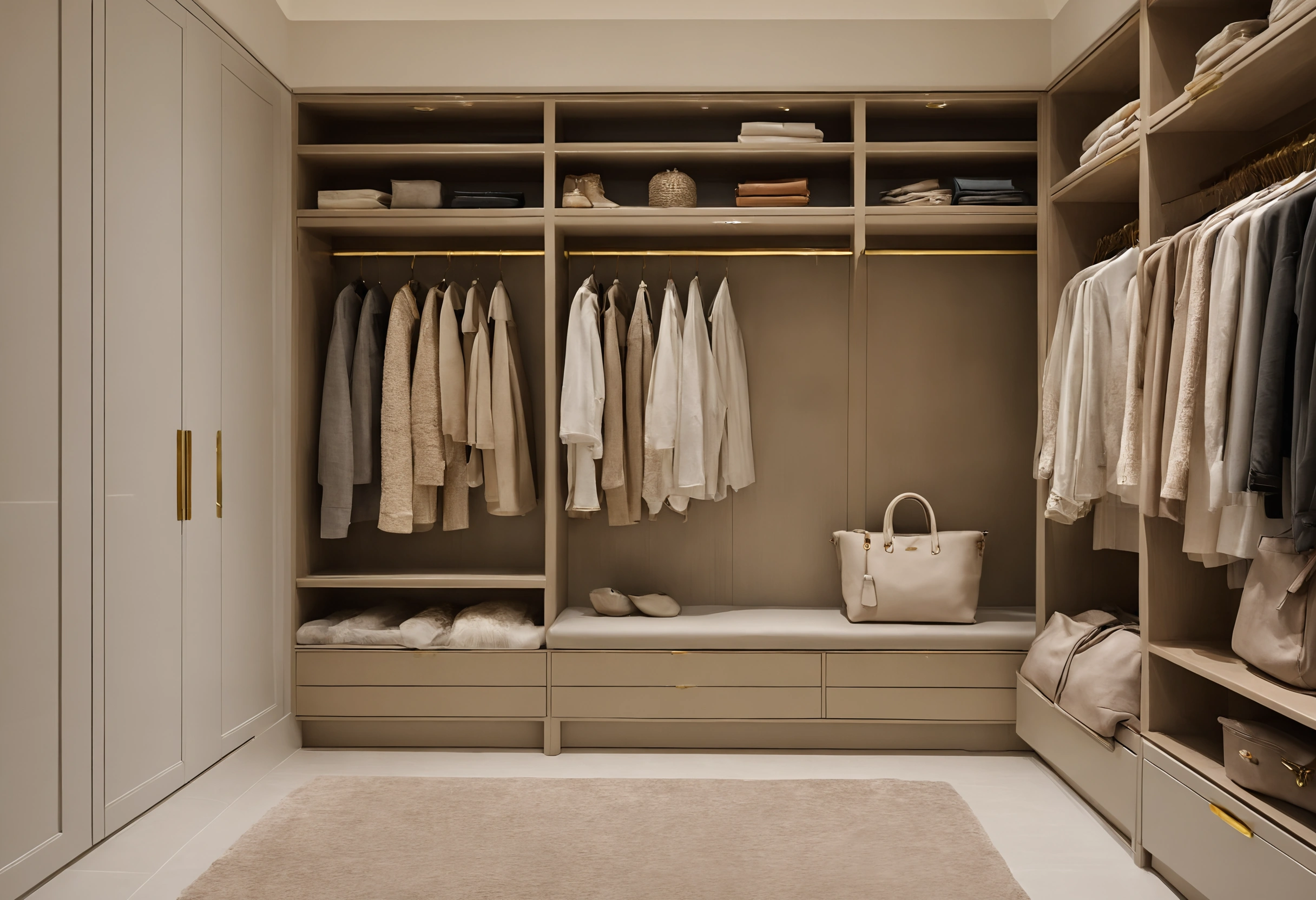 Townhouse dressing room with open shelves, hanging rails, low drawers and a pale handbag on a bench